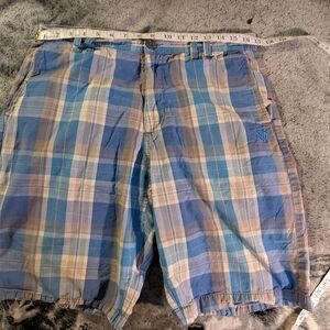 Vans Flat Front Blue and Tan Plaid Shorts